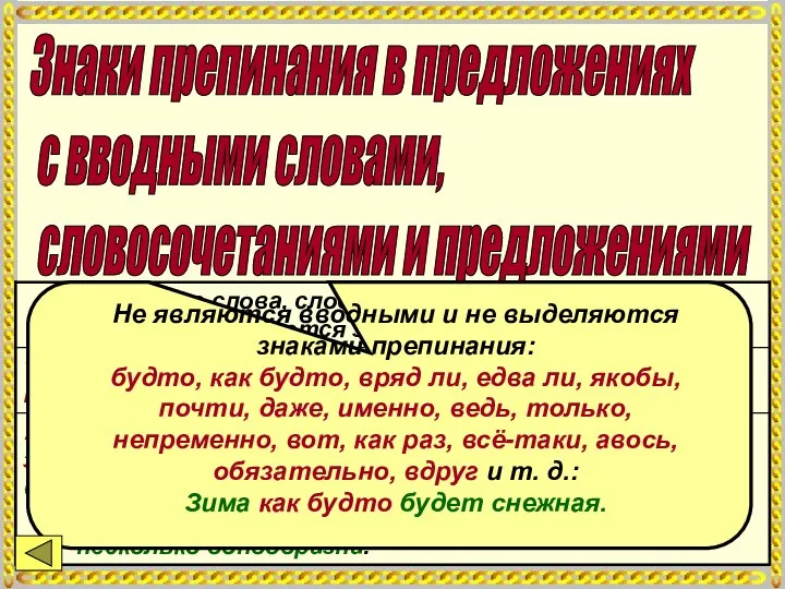 Знаки препинания в предложениях с вводными словами, словосочетаниями и предложениями Не