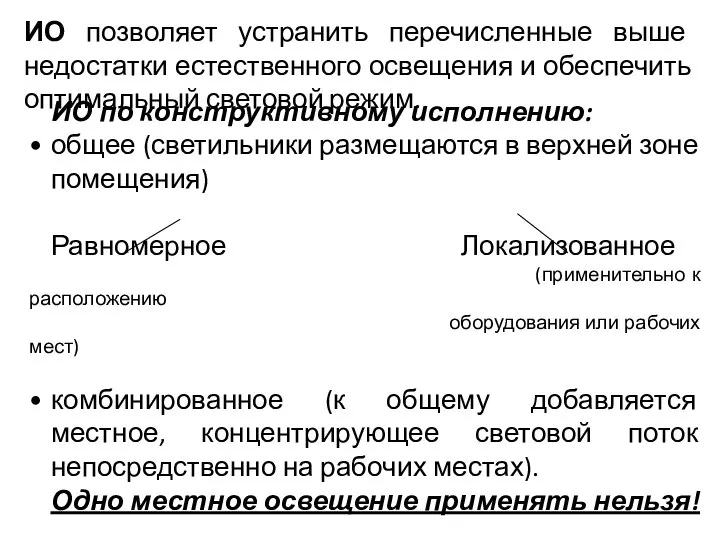 ИО позволяет устранить перечисленные выше недостатки естественного освещения и обеспечить оптимальный