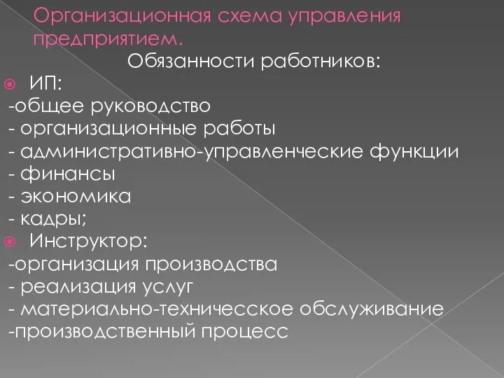 Организационная схема управления предприятием. Обязанности работников: ИП: -общее руководство - организационные