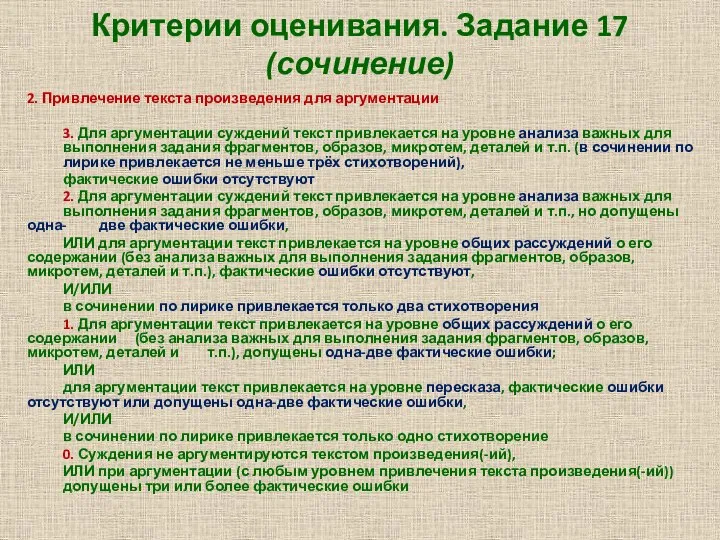 Критерии оценивания. Задание 17 (сочинение) 2. Привлечение текста произведения для аргументации