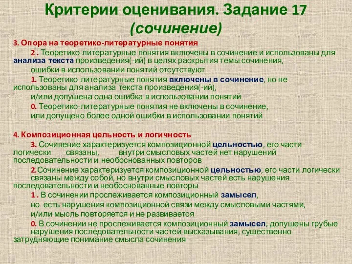 Критерии оценивания. Задание 17 (сочинение) 3. Опора на теоретико-литературные понятия 2