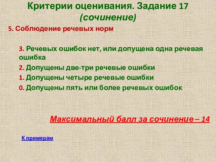 Критерии оценивания. Задание 17 (сочинение) 5. Соблюдение речевых норм 3. Речевых