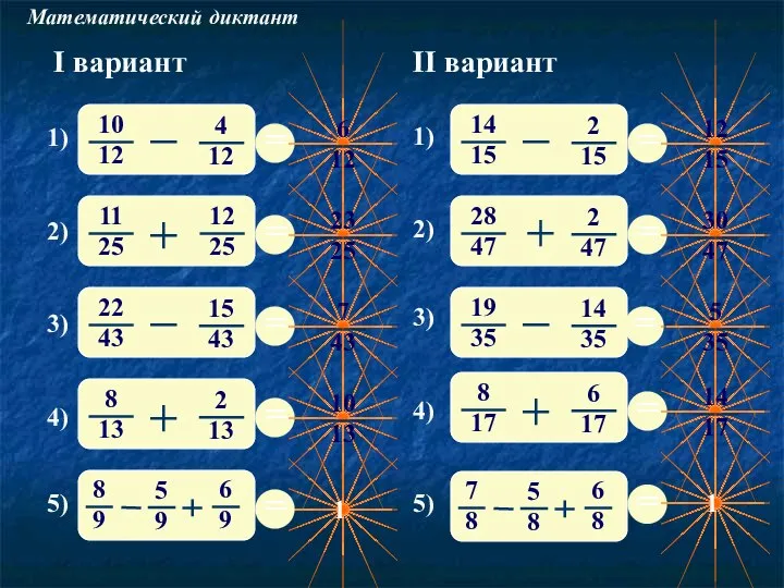 Математический диктант 1) 2) 3) 4) 5) I вариант II вариант 3) 4) 5) 1) 2)