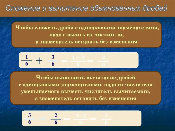 Чтобы сложить дроби с одинаковыми знаменателями, надо сложить их числители, а