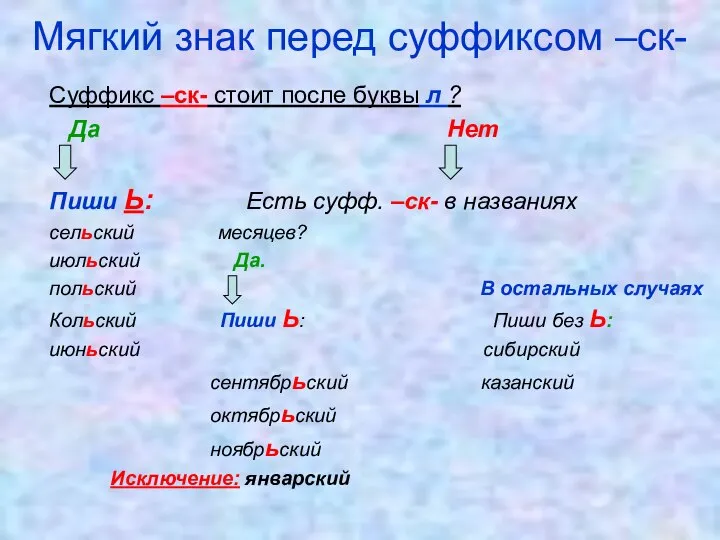 Мягкий знак перед суффиксом –ск- Суффикс –ск- стоит после буквы л