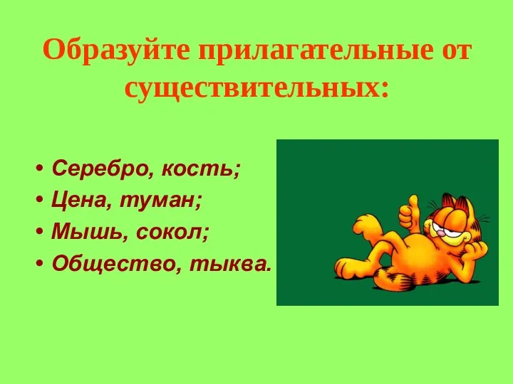 Образуйте прилагательные от существительных: Серебро, кость; Цена, туман; Мышь, сокол; Общество, тыква.