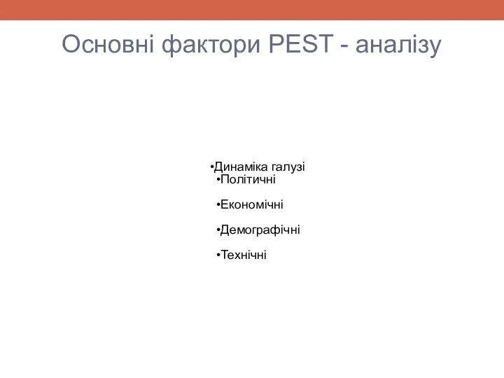 Основні фактори PEST - аналізу Динаміка галузі Політичні Економічні Демографічні Технічні