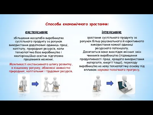 Способи економічного зростання: екстенсивне інтенсивне збільшення масштабів виробництва суспільного продукту за