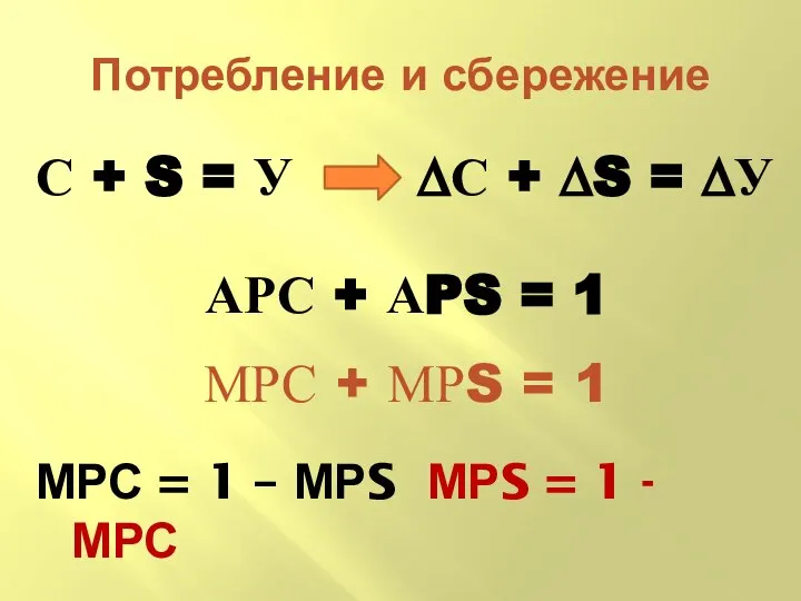 Потребление и сбережение С + S = У ∆С + ∆S