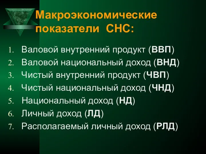 Макроэкономические показатели СНС: Валовой внутренний продукт (ВВП) Валовой национальный доход (ВНД)