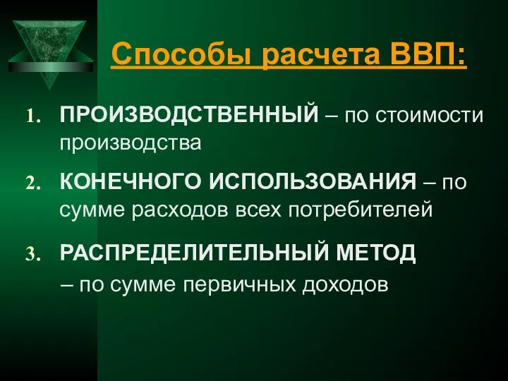 Способы расчета ВВП: ПРОИЗВОДСТВЕННЫЙ – по стоимости производства КОНЕЧНОГО ИСПОЛЬЗОВАНИЯ –