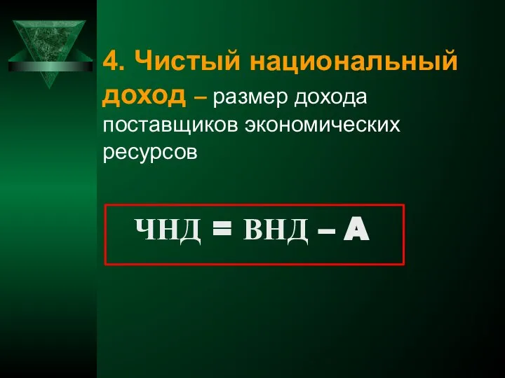 ЧНД = ВНД – A 4. Чистый национальный доход – размер дохода поставщиков экономических ресурсов