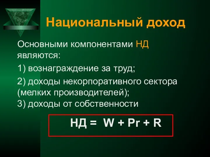 Национальный доход Основными компонентами НД являются: 1) вознаграждение за труд; 2)