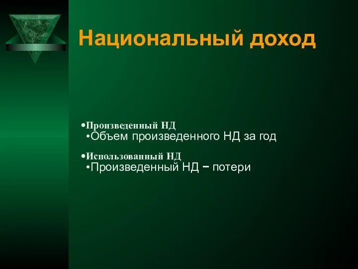 Национальный доход Произведенный НД Объем произведенного НД за год Использованный НД Произведенный НД − потери