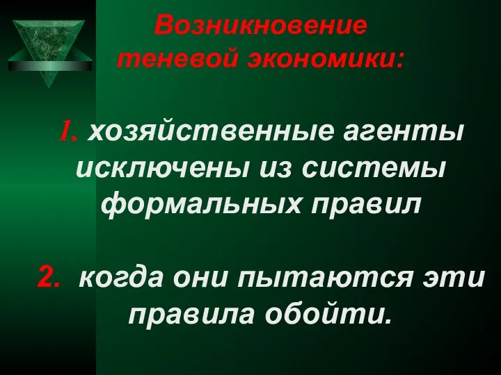 Возникновение теневой экономики: 1. хозяйственные агенты исключены из системы формальных правил