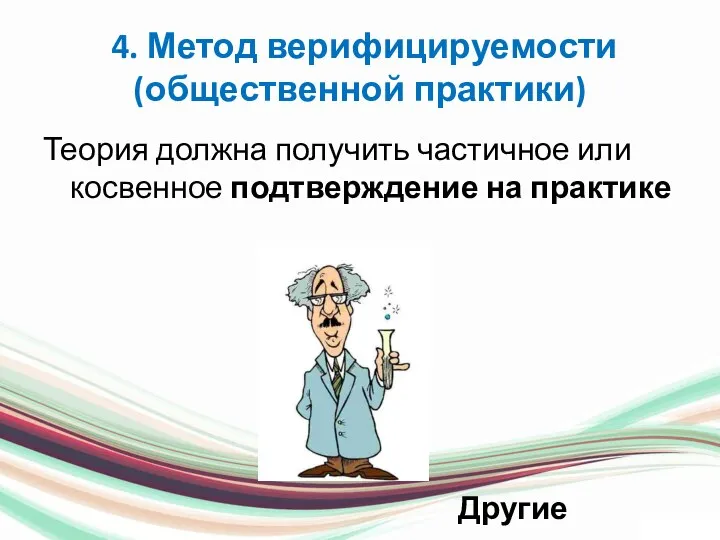 4. Метод верифицируемости (общественной практики) Теория должна получить частичное или косвенное подтверждение на практике Другие методы…