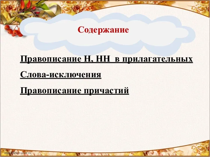 Содержание Правописание Н, НН в прилагательных Слова-исключения Правописание причастий