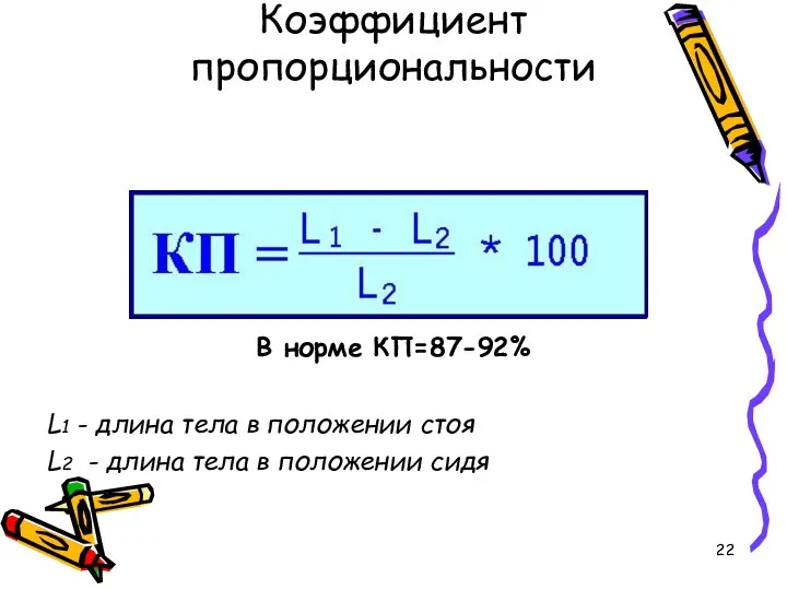 Коэффициент пропорциональности‏ В норме КП=87-92% L1 - длина тела в положении