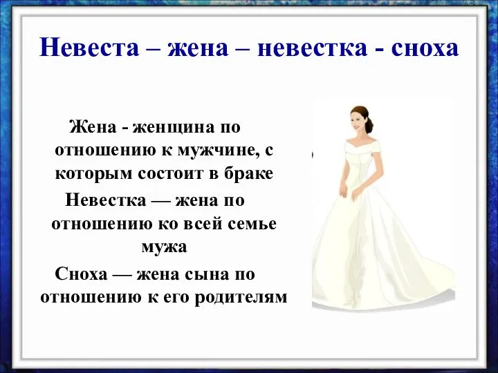 Невеста – жена – невестка - сноха Жена - женщина по