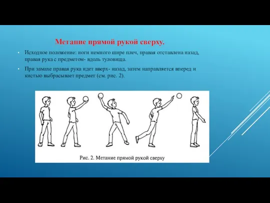 Метание прямой рукой сверху. Исходное положение: ноги немного шире плеч, правая