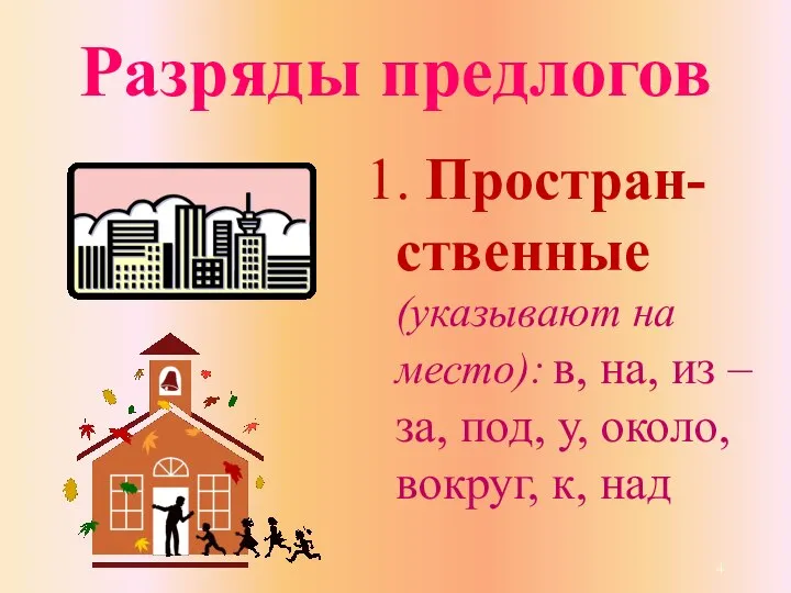 Разряды предлогов 1. Простран-ственные (указывают на место): в, на, из –