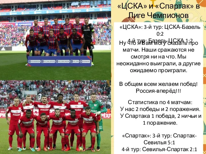 «ЦСКА» и «Спартак» в Лиге Чемпионов «ЦСКА»: 3-й тур: ЦСКА-Базель 0:2