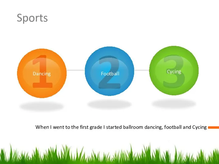 Sports When I went to the first grade I started ballroom dancing, football and Cycing