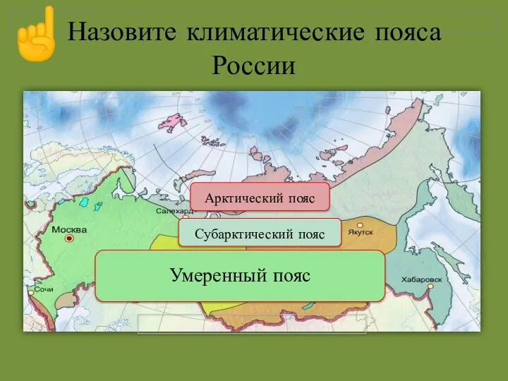 Арктический пояс Субарктический пояс Умеренный пояс Назовите климатические пояса России ☝