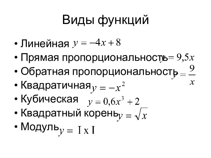 Виды функций Линейная Прямая пропорциональность Обратная пропорциональность Квадратичная Кубическая Квадратный корень Модуль