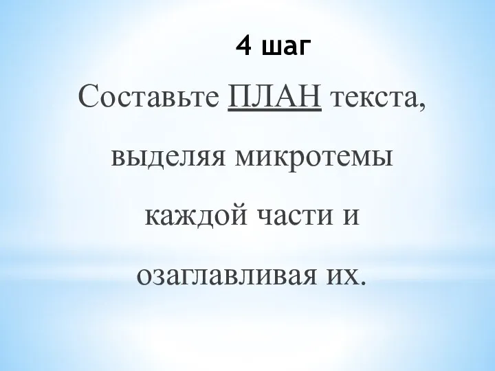 4 шаг Составьте ПЛАН текста, выделяя микротемы каждой части и озаглавливая их.