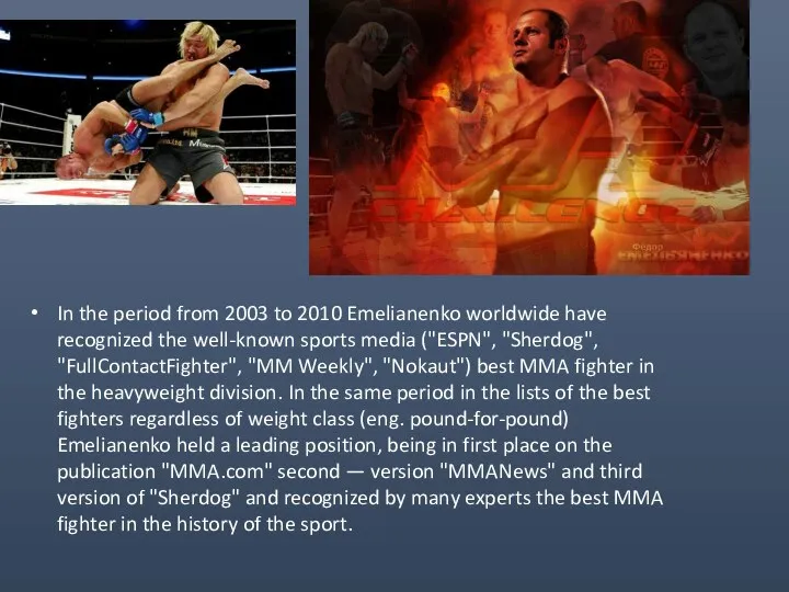 In the period from 2003 to 2010 Emelianenko worldwide have recognized