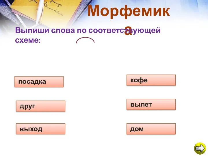 Морфемика Выпиши слова по соответствующей схеме: посадка друг кофе дом выход вылет