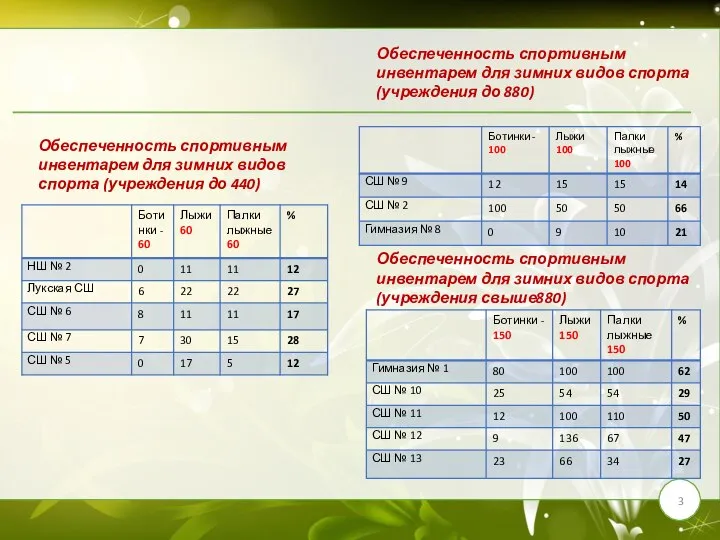 Обеспеченность спортивным инвентарем для зимних видов спорта (учреждения до 440) Обеспеченность