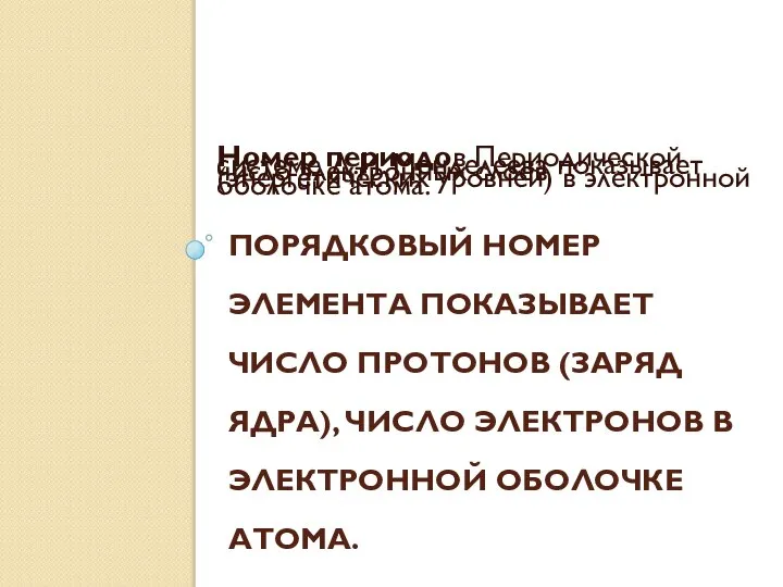 ПОРЯДКОВЫЙ НОМЕР ЭЛЕМЕНТА ПОКАЗЫВАЕТ ЧИСЛО ПРОТОНОВ (ЗАРЯД ЯДРА), ЧИСЛО ЭЛЕКТРОНОВ В