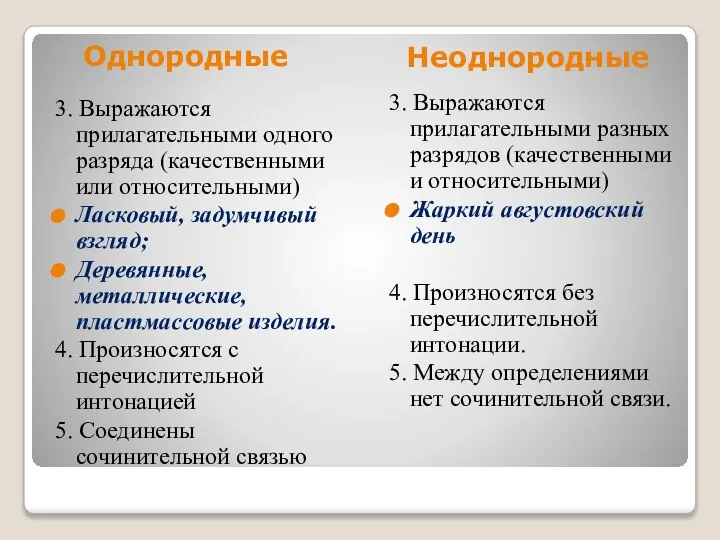 Однородные 3. Выражаются прилагательными одного разряда (качественными или относительными) Ласковый, задумчивый