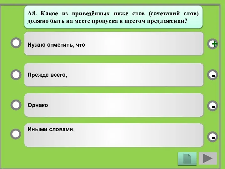 Нужно отметить, что Прежде всего, Однако Иными словами, - - +