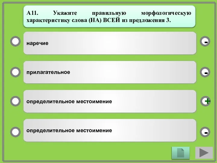 наречие прилагательное определительное местоимение определительное местоимение - - + - А11.