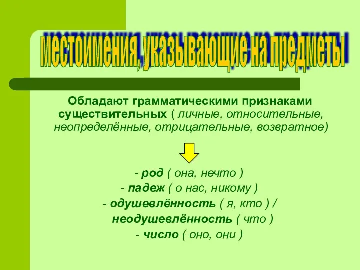 Обладают грамматическими признаками существительных ( личные, относительные, неопределённые, отрицательные, возвратное) -