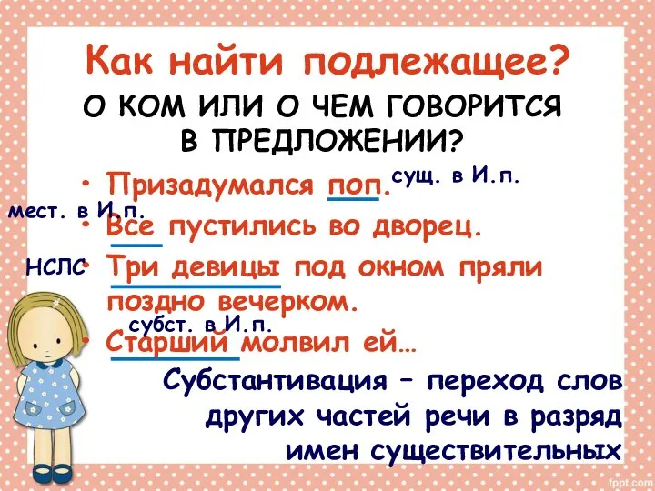 Как найти подлежащее? Призадумался поп. Все пустились во дворец. Три девицы