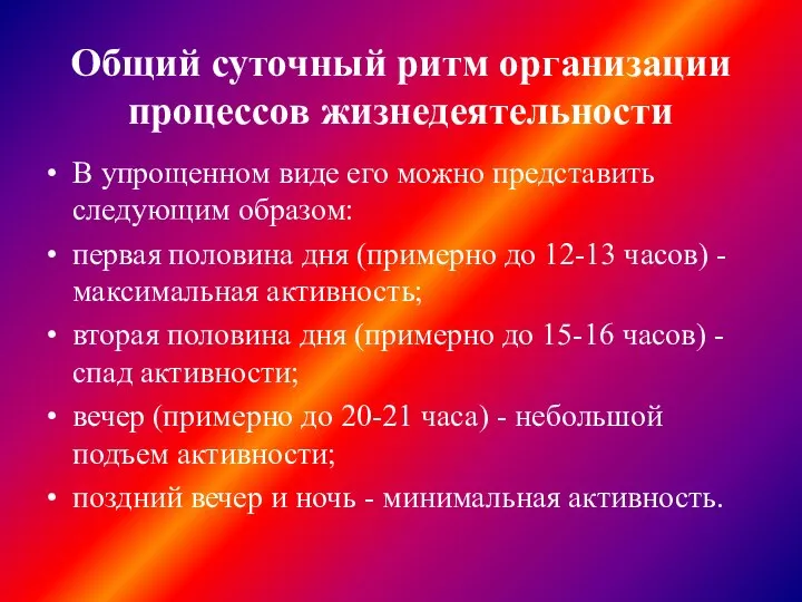 Общий суточный ритм организации процессов жизнедеятельности В упрощенном виде его можно