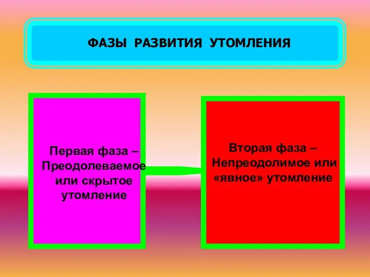 ФАЗЫ РАЗВИТИЯ УТОМЛЕНИЯ Первая фаза –Преодолеваемое или скрытое утомление Вторая фаза – Непреодолимое или «явное» утомление