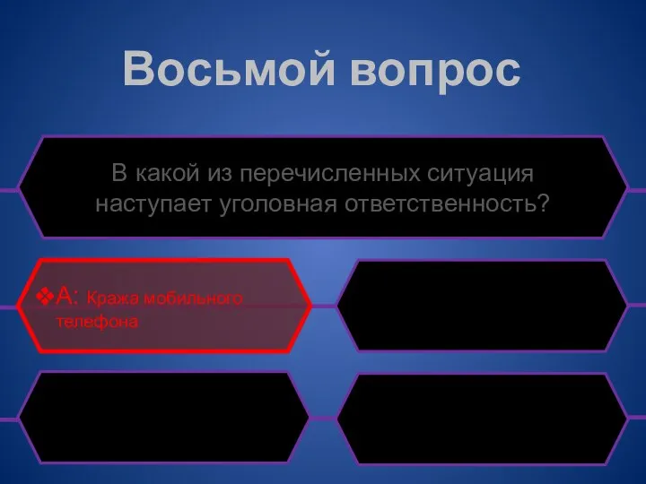 Восьмой вопрос В какой из перечисленных ситуация наступает уголовная ответственность? A: Кража мобильного телефона