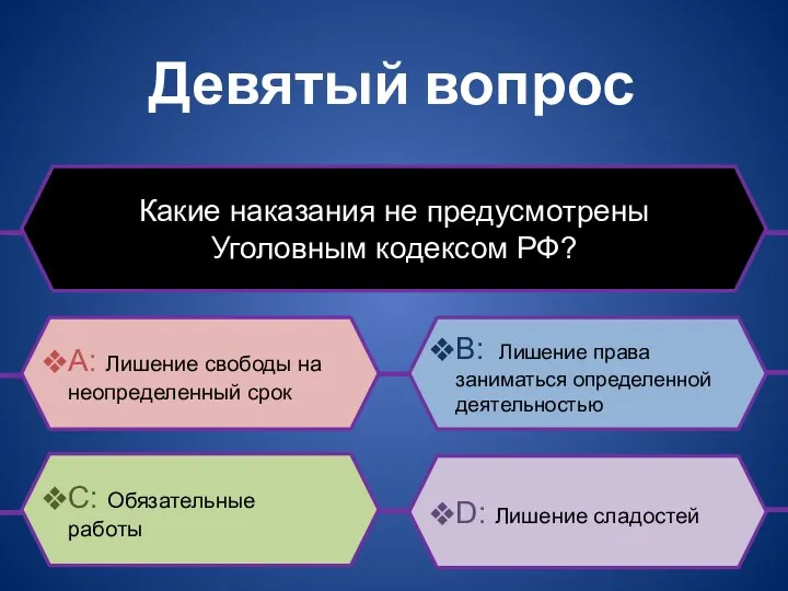 Девятый вопрос Какие наказания не предусмотрены Уголовным кодексом РФ? B: Лишение