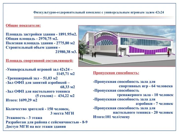 Физкультурно-оздоровительный комплекс с универсальным игровым залом 42х24