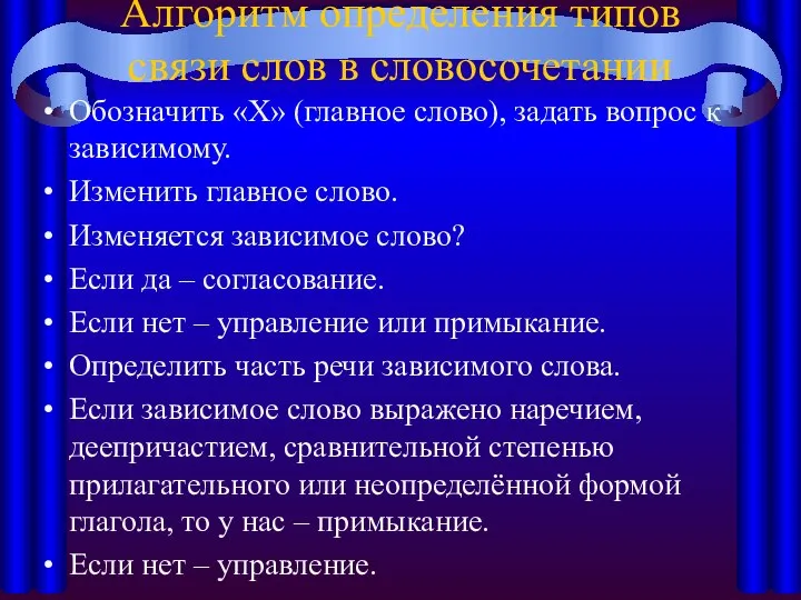 Алгоритм определения типов связи слов в словосочетании Обозначить «Х» (главное слово),