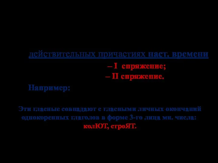 Правописание гласных в суффиксах причастий зависит от спряжения глагола, от которого