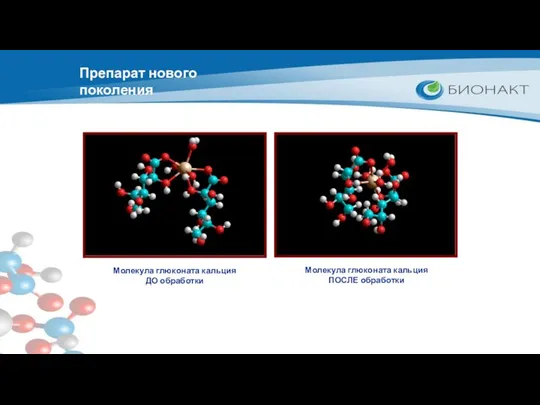 Молекула глюконата кальция ДО обработки Молекула глюконата кальция ПОСЛЕ обработки Препарат нового поколения