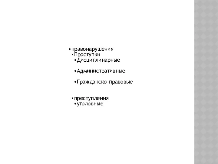 правонарушения Проступки Дисциплинарные Административные Гражданско-правовые преступления уголовные