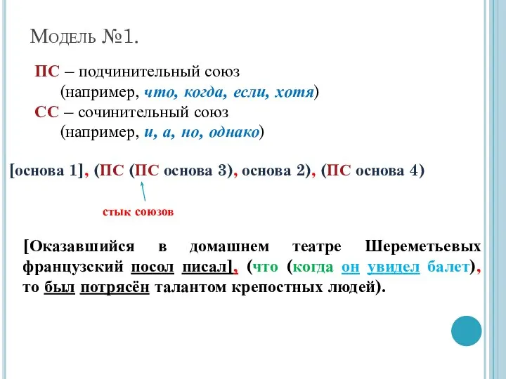 Модель №1. ПС – подчинительный союз (например, что, когда, если, хотя)