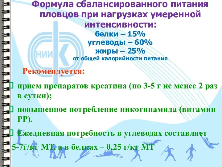 Формула сбалансированного питания пловцов при нагрузках умеренной интенсивности: белки – 15%